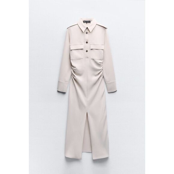 Zara New Women’s Taupe Long Sleeve Top Button Midi Dress M Medium - Picture 1 of 4